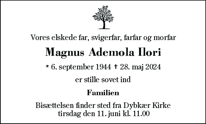 Dødsannonce for Magnus Ademola Ilori