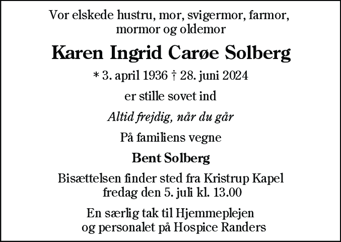 Dødsannonce for Karen Ingrid Carøe Solberg