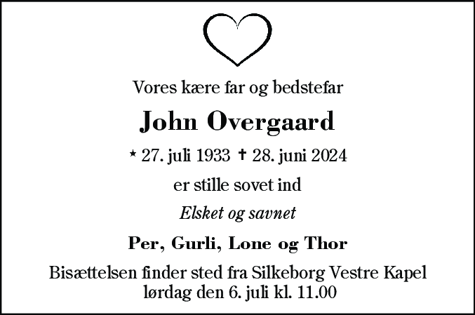 Dødsannonce for John Overgaard