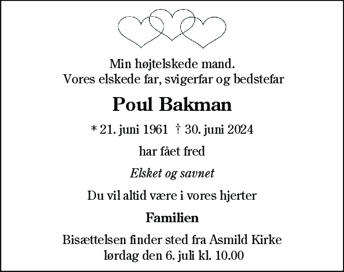 Dødsannonce for Poul Bakman
