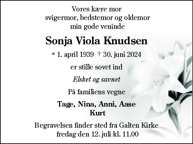 Dødsannonce for Sonja Viola Knudsen