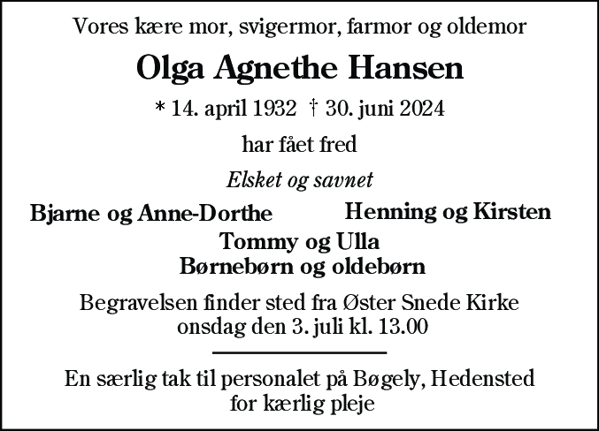Dødsannonce for Olga Agneta Hansen