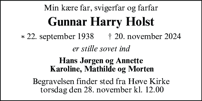 Dødsannonce for Gunnar Harry Holst