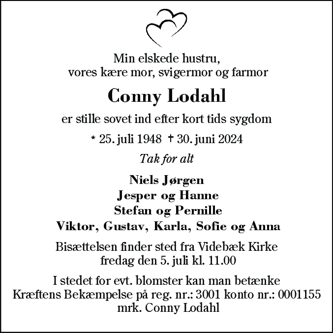 Dødsannonce for Conny Lodahl
