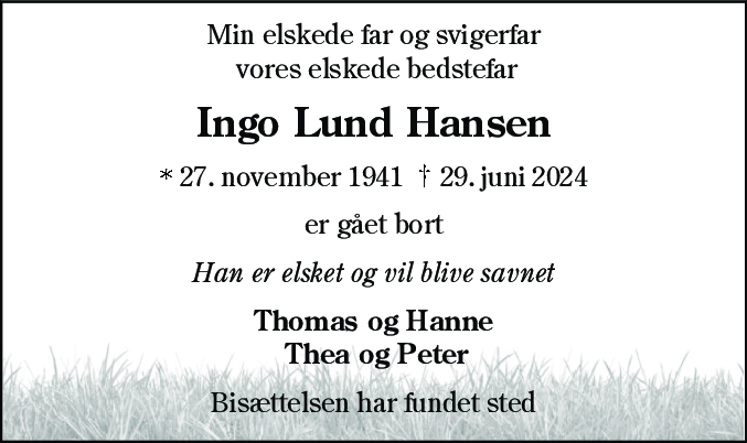 Dødsannonce for Ingo Lund Hansen