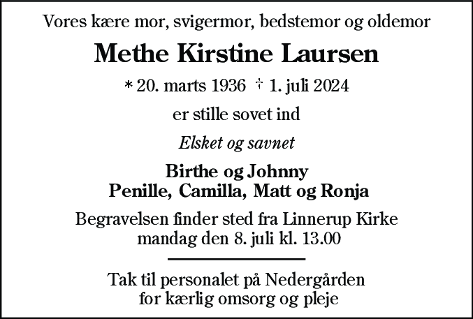 Dødsannonce for Metha Kirstine Laursen