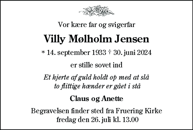 Dødsannonce for Villy Mølholm Jensen