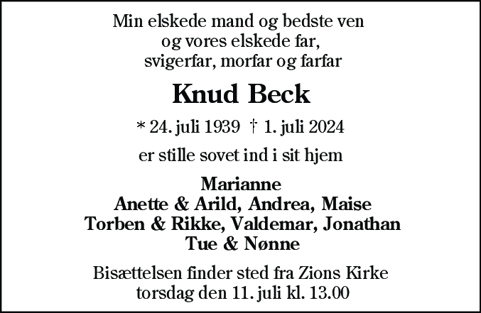 Dødsannonce for Knud Beck