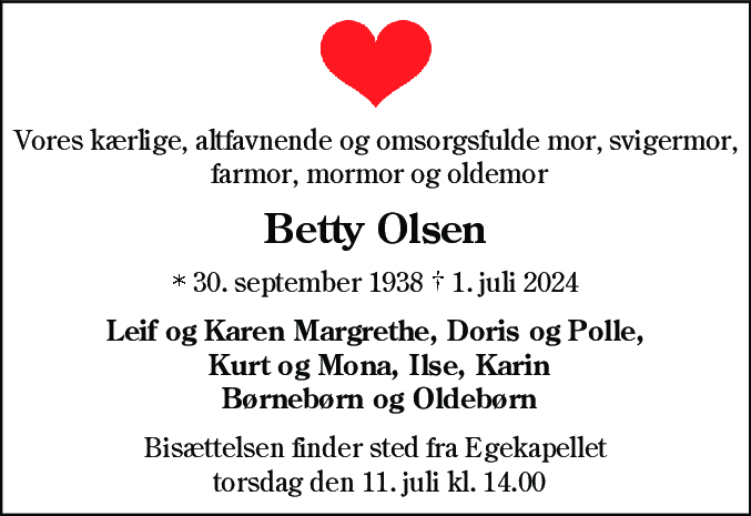 Dødsannonce for Betty Olsen