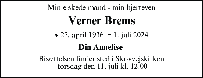 Dødsannonce for Verner Brems