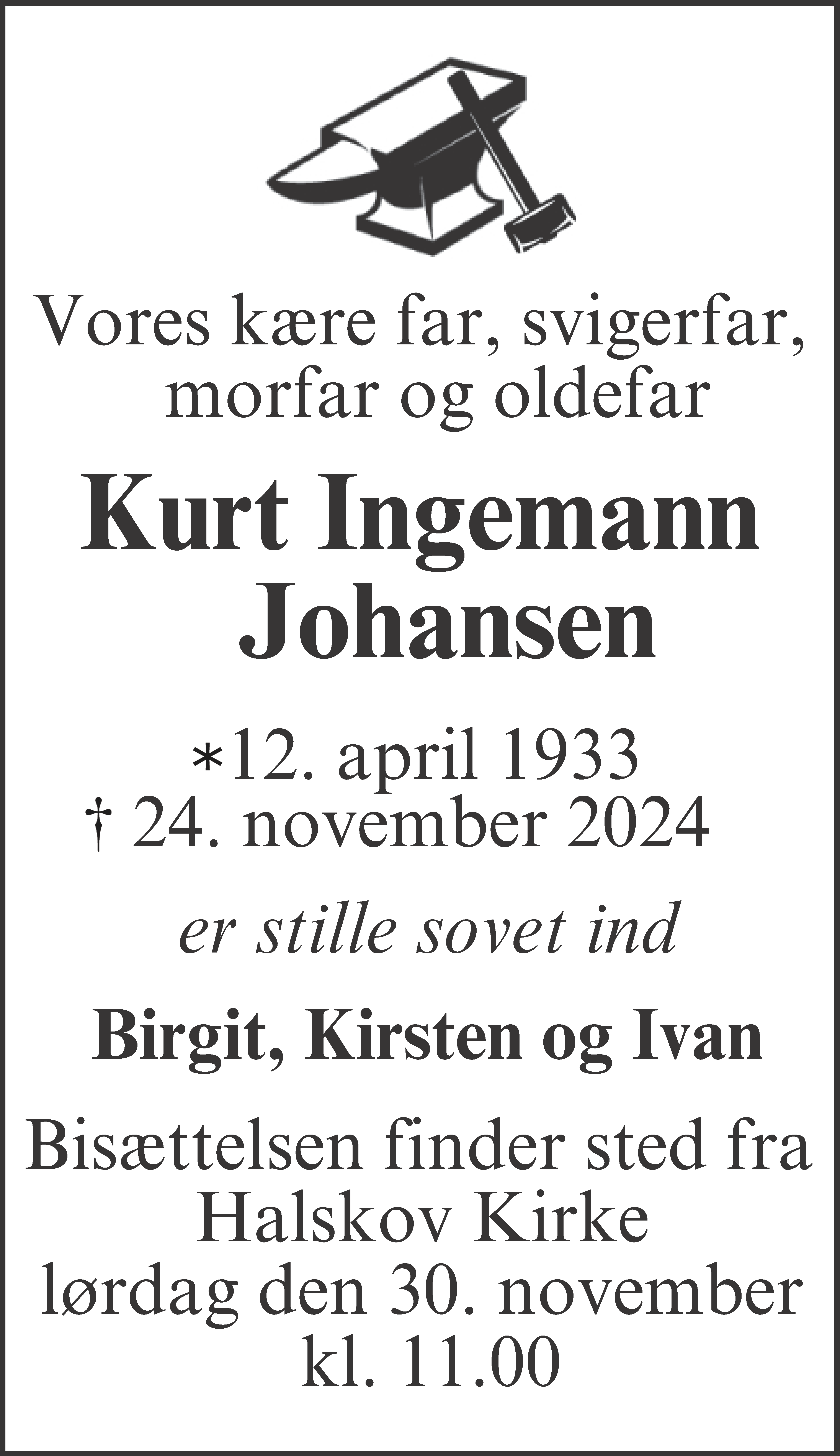 Dødsannonce for Kurt Ingemann Johansen