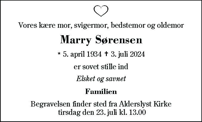 Dødsannonce for Marry Sørensen
