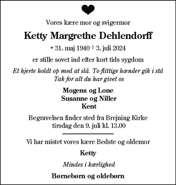 Dødsannonce for Ketty Margrethe Dehlendorff