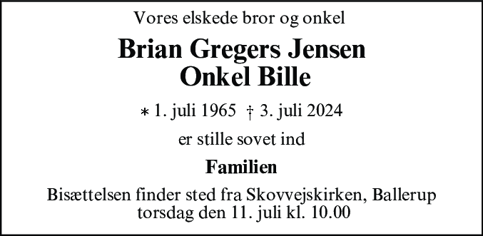 Dødsannonce for Brian Gregers Jensen
