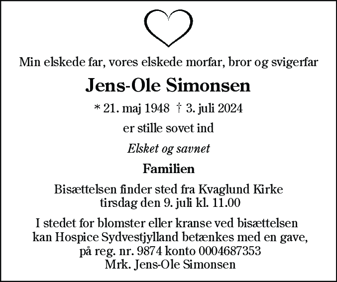 Dødsannonce for Jens-Ole Simonsen