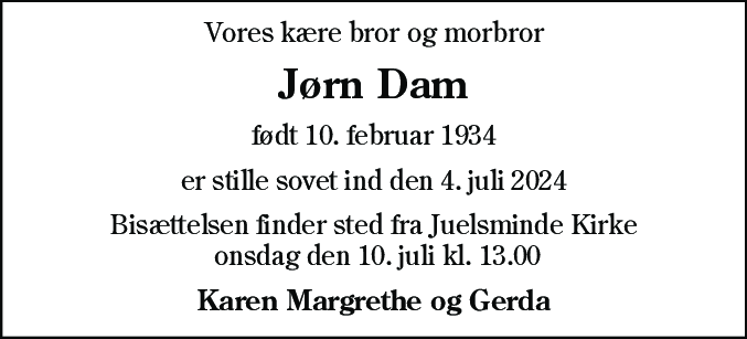 Dødsannonce for Jørn Dam