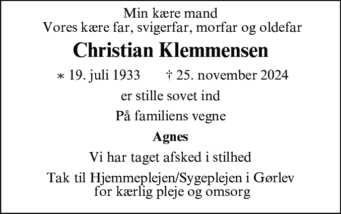 Dødsannonce for Christian Klemmensen