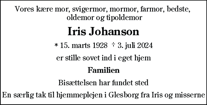Dødsannonce for Iris Valborg Johansen