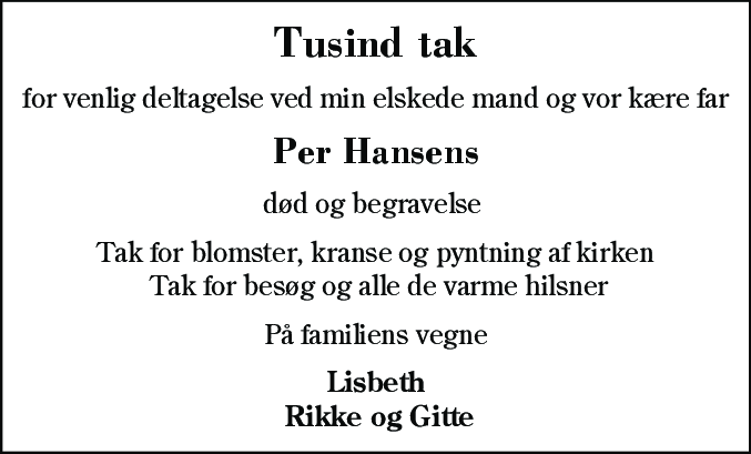 Dødsannonce for Per Hansen