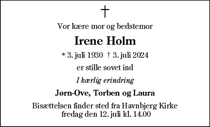 Dødsannonce for Irene Marie Holm