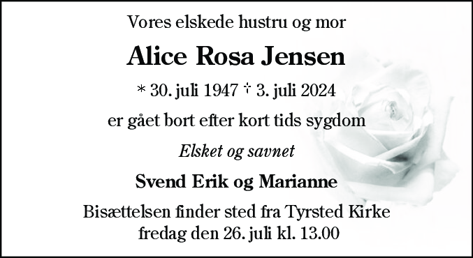 Dødsannonce for Alice Rosa Jensen