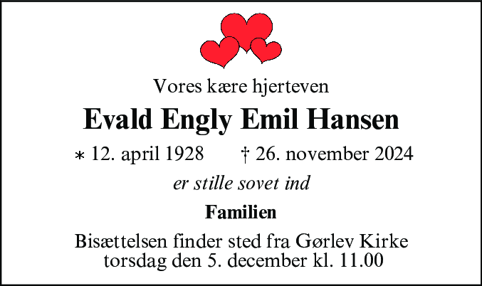 Dødsannonce for Evald Engly Emil Hansen