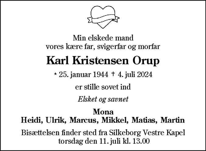 Dødsannonce for Karl Kristensen Orup