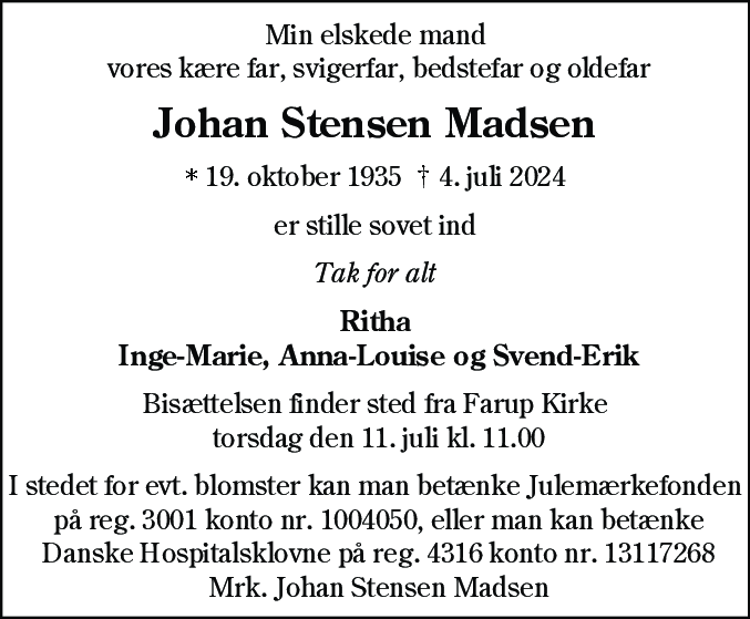 Dødsannonce for Johan Stensen Madsen