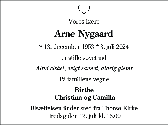 Dødsannonce for Arne Nygaard