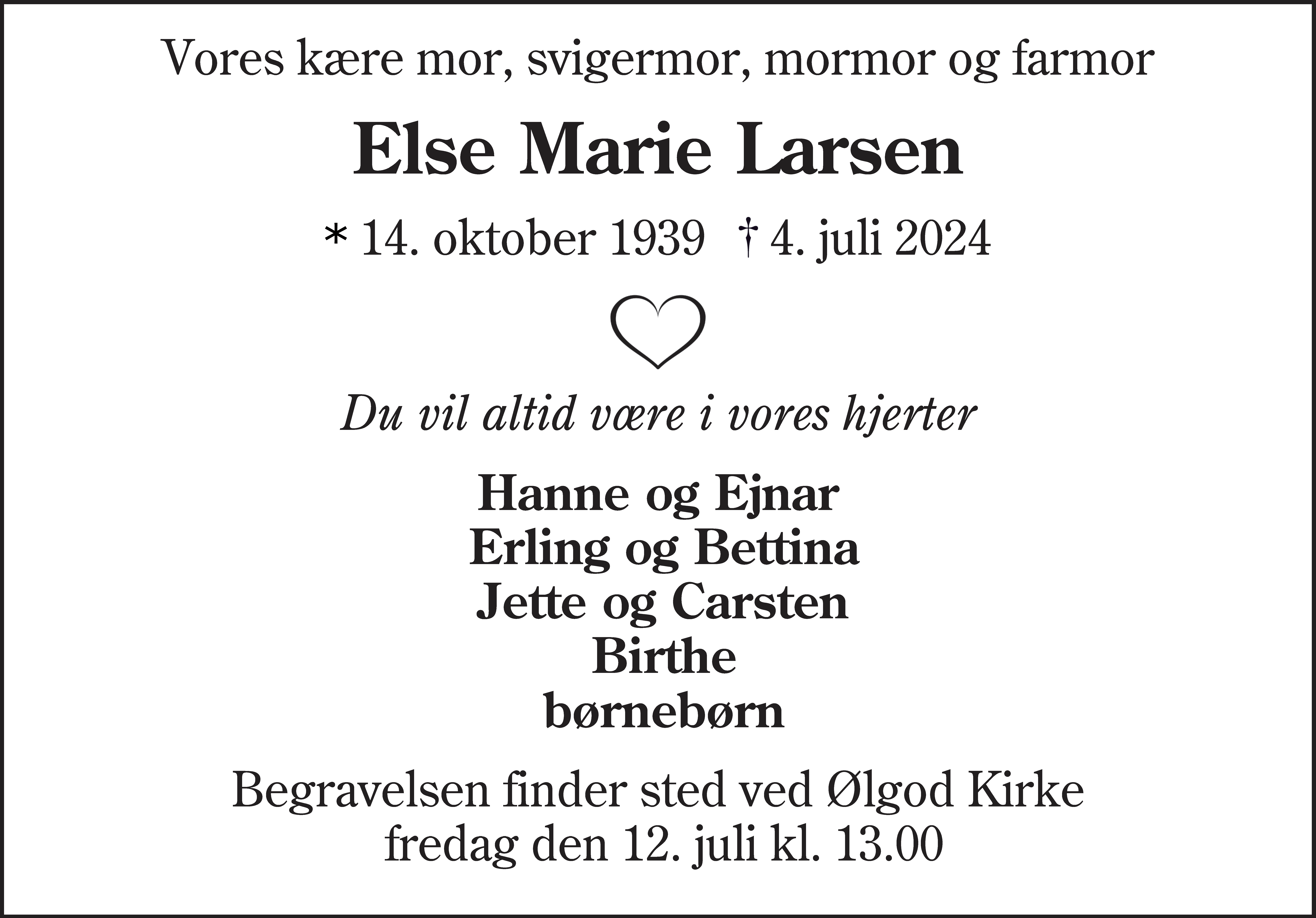 Dødsannonce for Else Marie Larsen