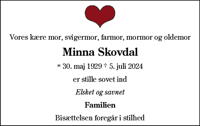 Dødsannonce for Valdemine Cecilie Skovdal
