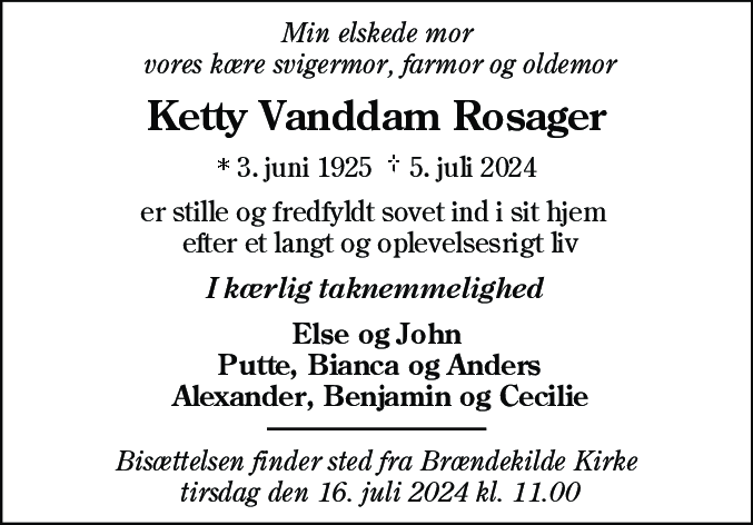Dødsannonce for Ketty Vanddam Rosager