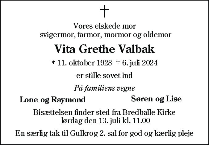 Dødsannonce for Vita Grethe Valbak