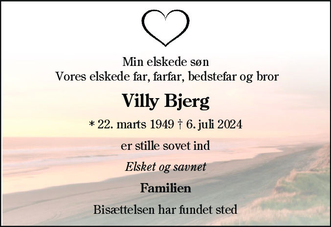 Dødsannonce for Villy Bjerg