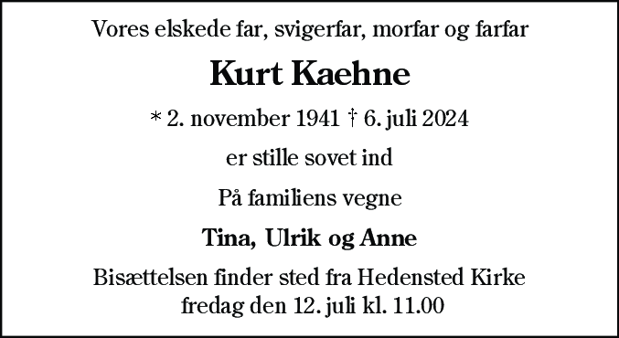 Dødsannonce for Kurt Kaehne