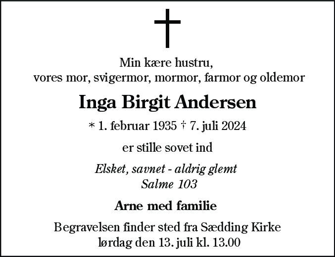 Dødsannonce for Inga Birgit Andersen