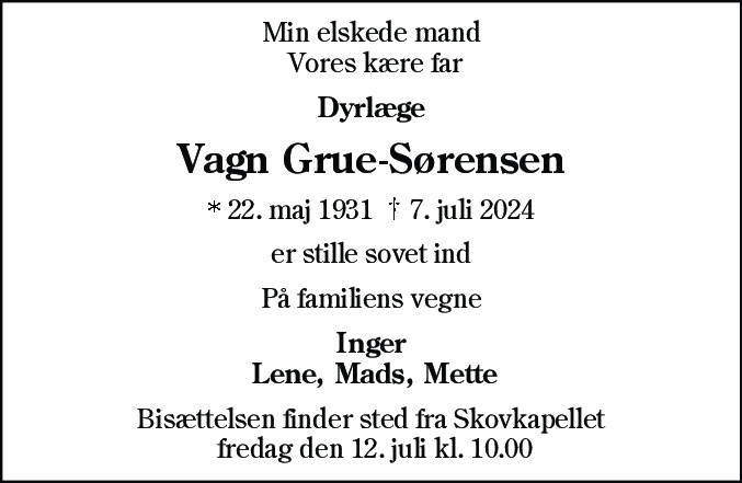Dødsannonce for Vagn Grue-Sørensen