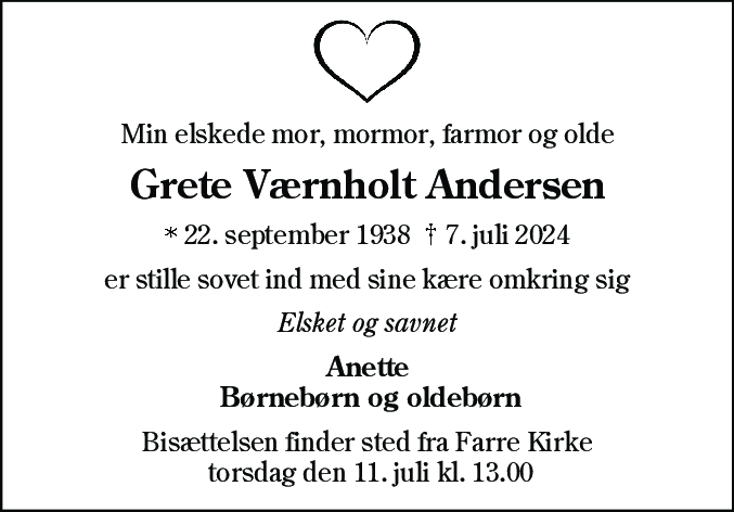 Dødsannonce for Grethe Værnholt Andersen