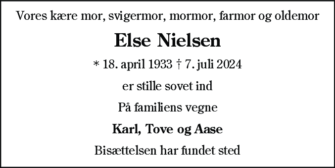 Dødsannonce for Else Kirstine Nielsen