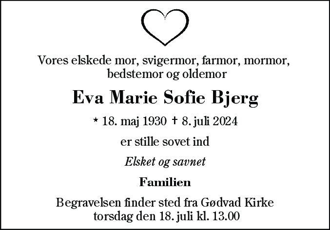 Dødsannonce for Eva Marie Sofie Bjerg