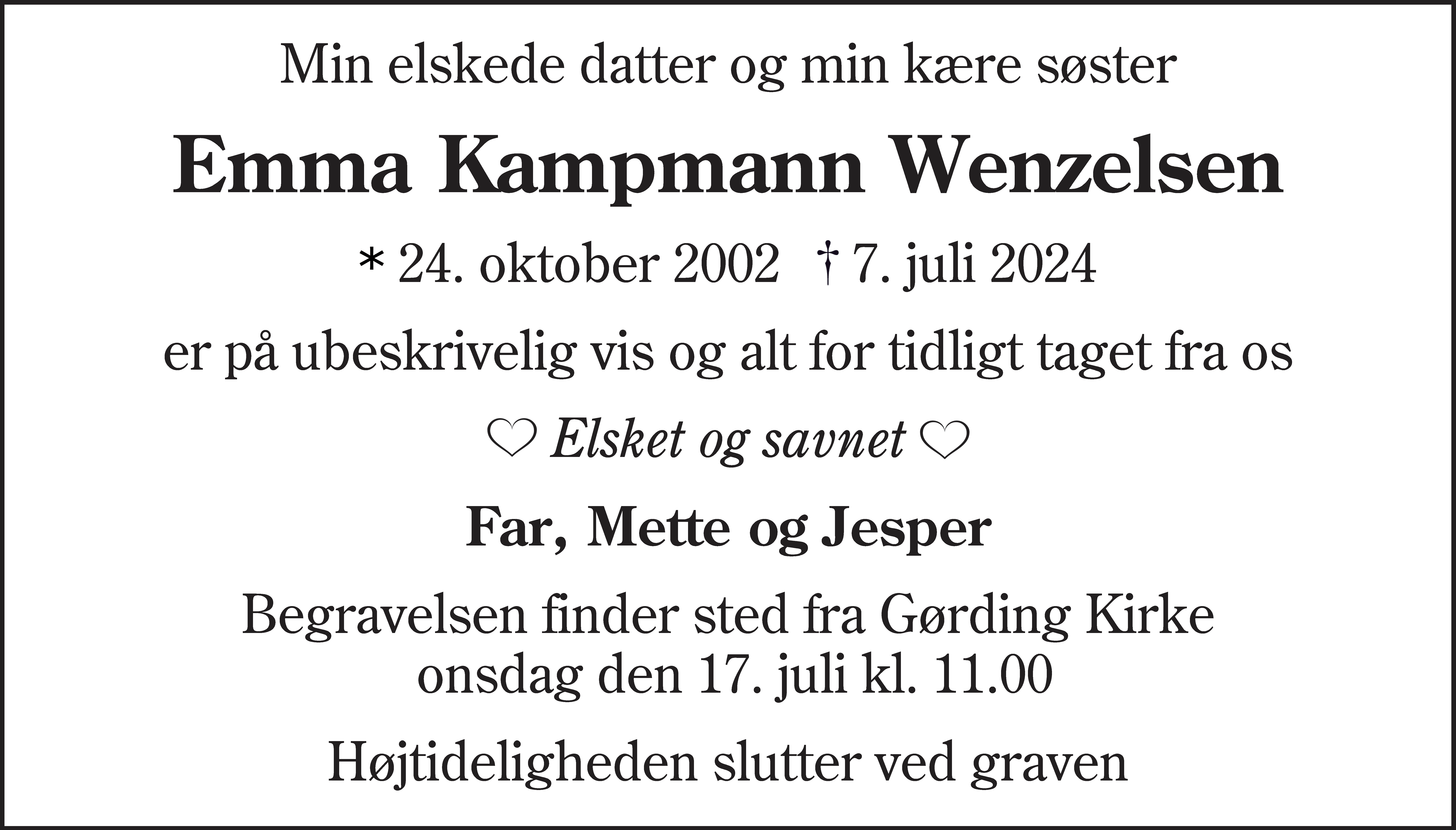 Dødsannonce for Emma Kampmann Wenzelsen