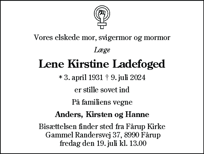 Dødsannonce for Lene Kirstine Ladefoged
