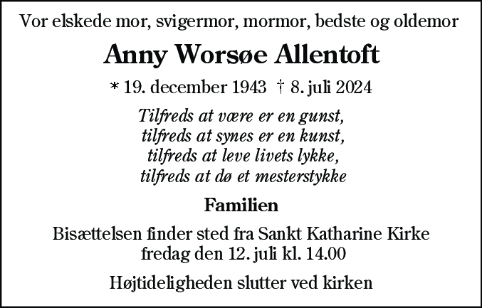 Dødsannonce for Anny Worsøe Allentoft