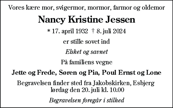 Dødsannonce for Nancy Kristine Jessen