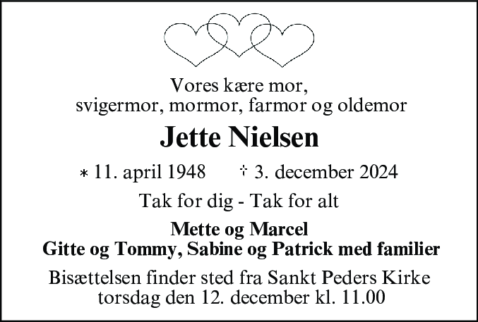 Dødsannonce for Jette Birgit Nielsen