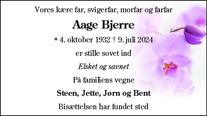 Dødsannonce for Aage Bjerre