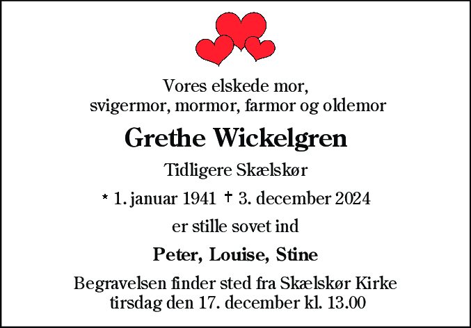Dødsannonce for Grethe Wickelgren