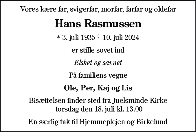 Dødsannonce for Hans Rasmussen