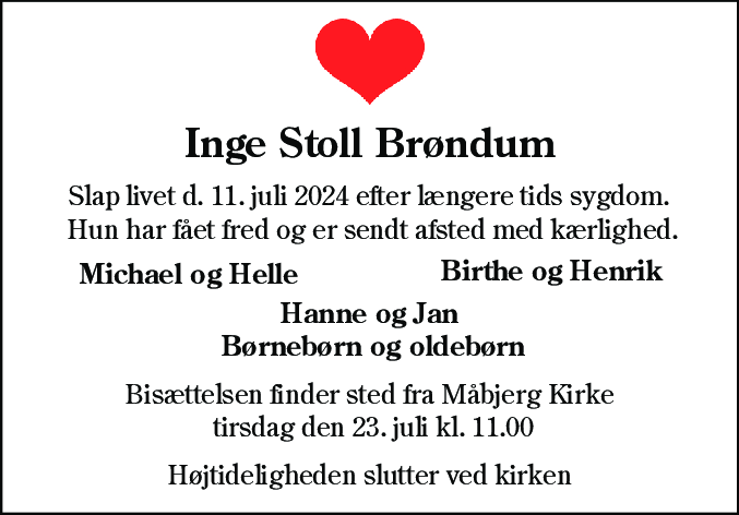 Dødsannonce for Inge Stoll Brøndum