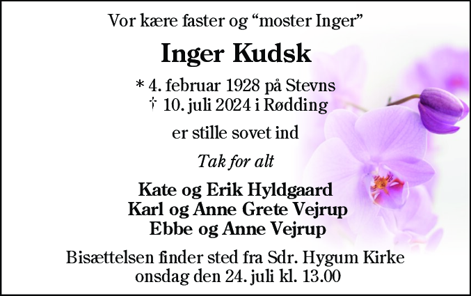 Dødsannonce for Inger Kudsk